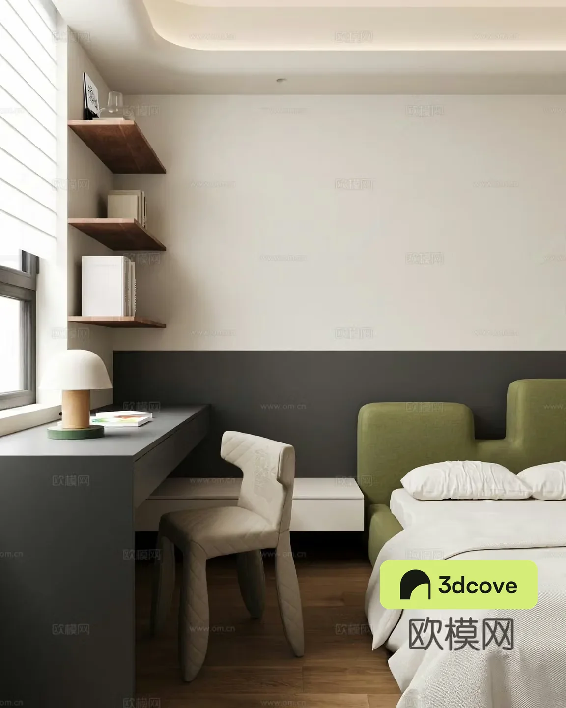 Modern boy’s bedroom single bed desk chair hanging painting decorative cabinet
