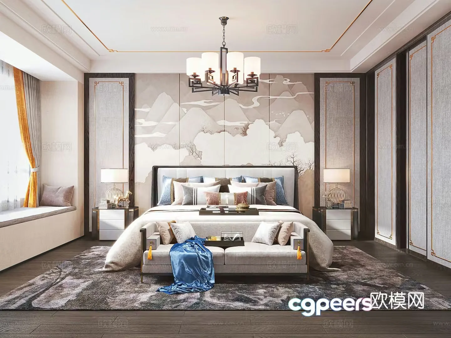 New Chinese style master bedroom New Chinese style double bed New Chinese style wardrobe Chinese style bedroom chandeliers New Chinese style bed 3D model