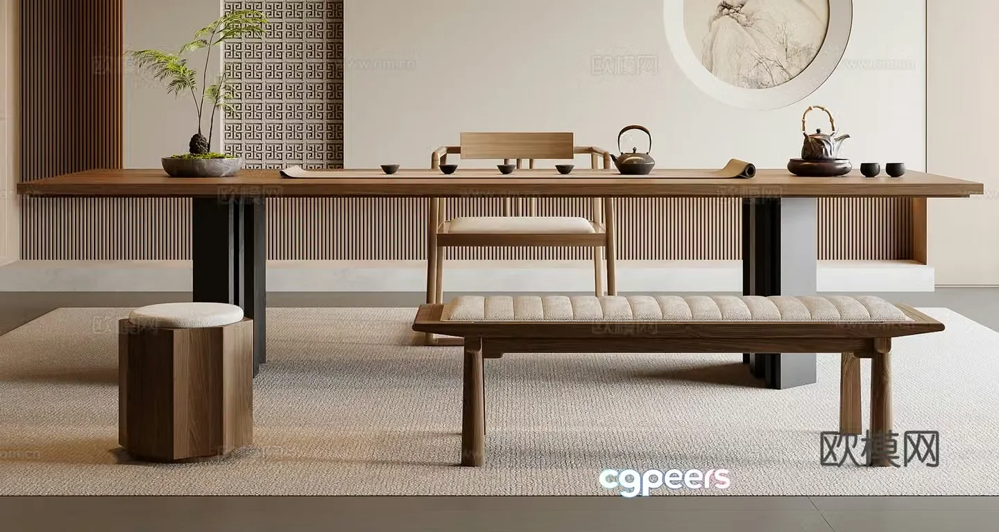 New Chinese-style tea table and chair combination 3D model