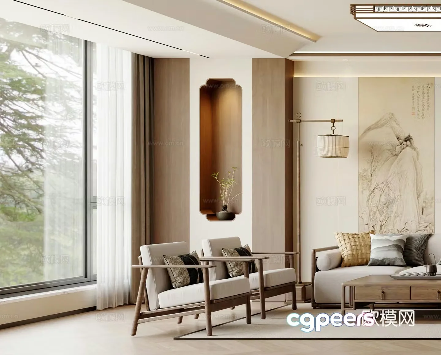 Medium style leisure chair new Chinese style leisure chair side table corner table floor lamp leisure and entertainment room 3D model