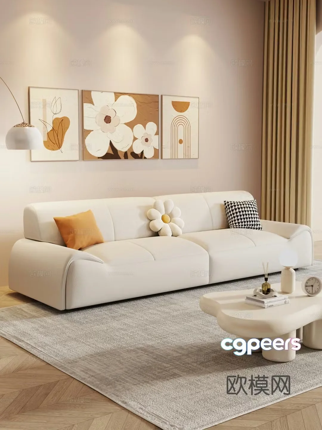 Creamy living room modern simple home living room sofa coffee table combination fabric sofa storage cabinet 3d model