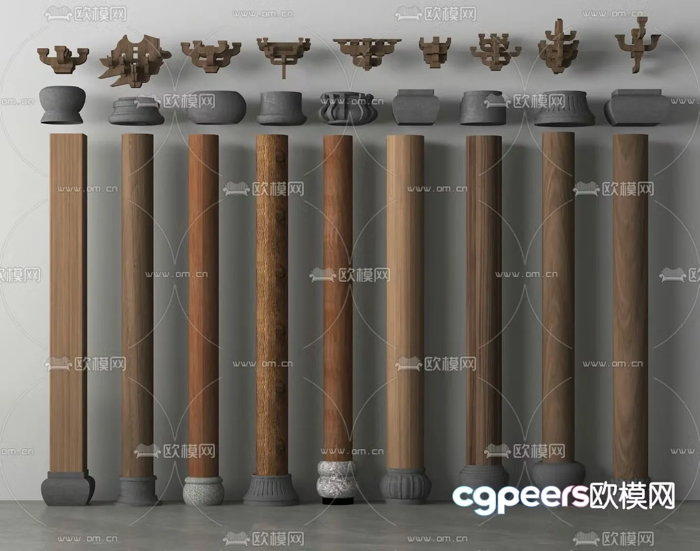 New Chinese style pillars door columns wooden columns column foundation stone 3D model