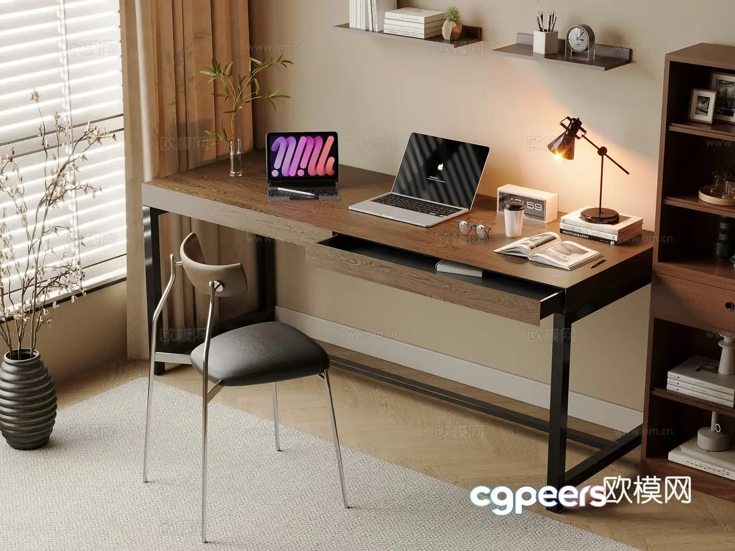 Middle-aged style desk and chair solid wood computer desk and chair writing desk study desk and chair solid wood single chair bookcase 3D model