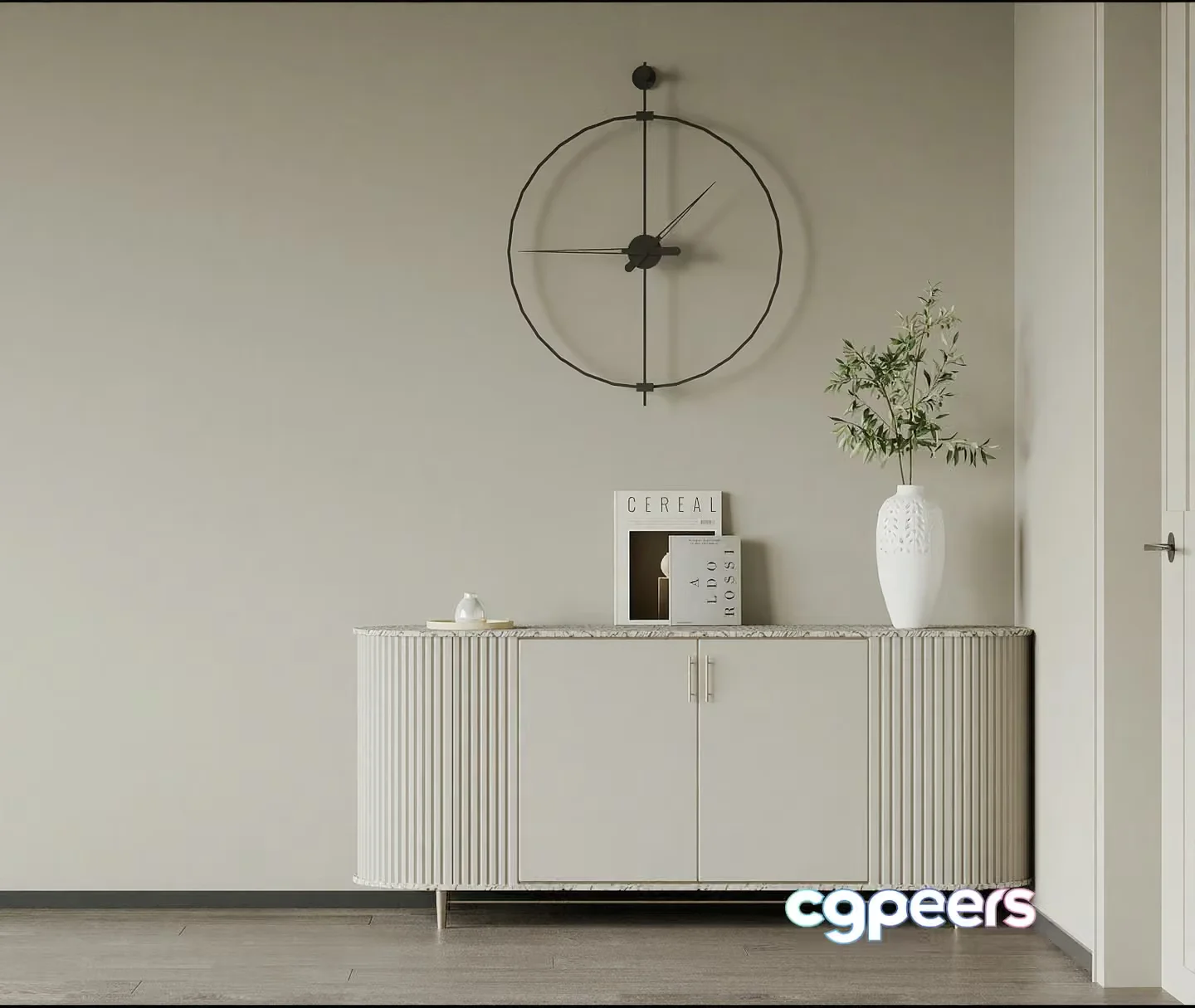 A Large White Sideboard With A Clock On The Wall 3D Model – 10531 – VRAY Render