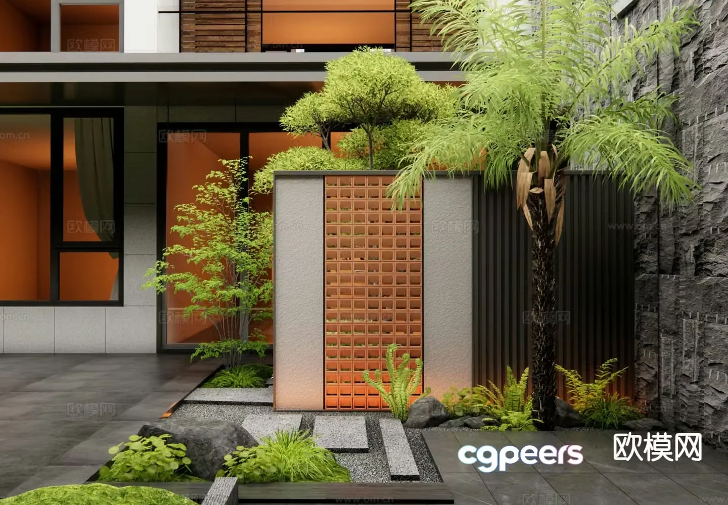 Modern courtyard landscape wall hollow partition landscape wall 3D model
