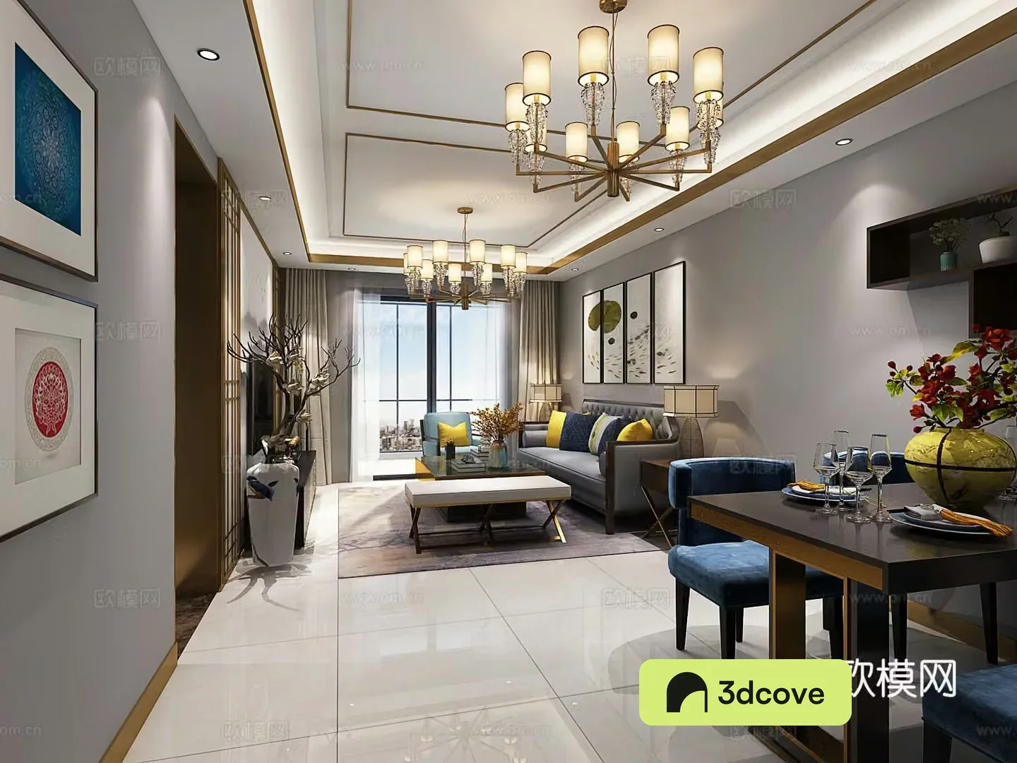 New Chinese style living and dining room New Chinese style dining table Sofa TV cabinet Chandelier
