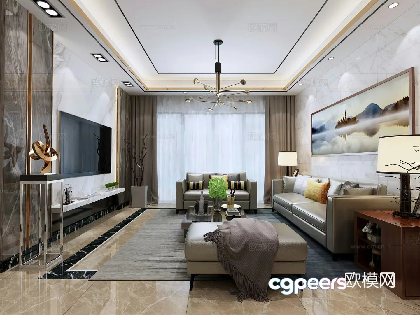 Postmodern modern new Chinese style living and dining room sofa combination dining table decorative painting hanging 3d model