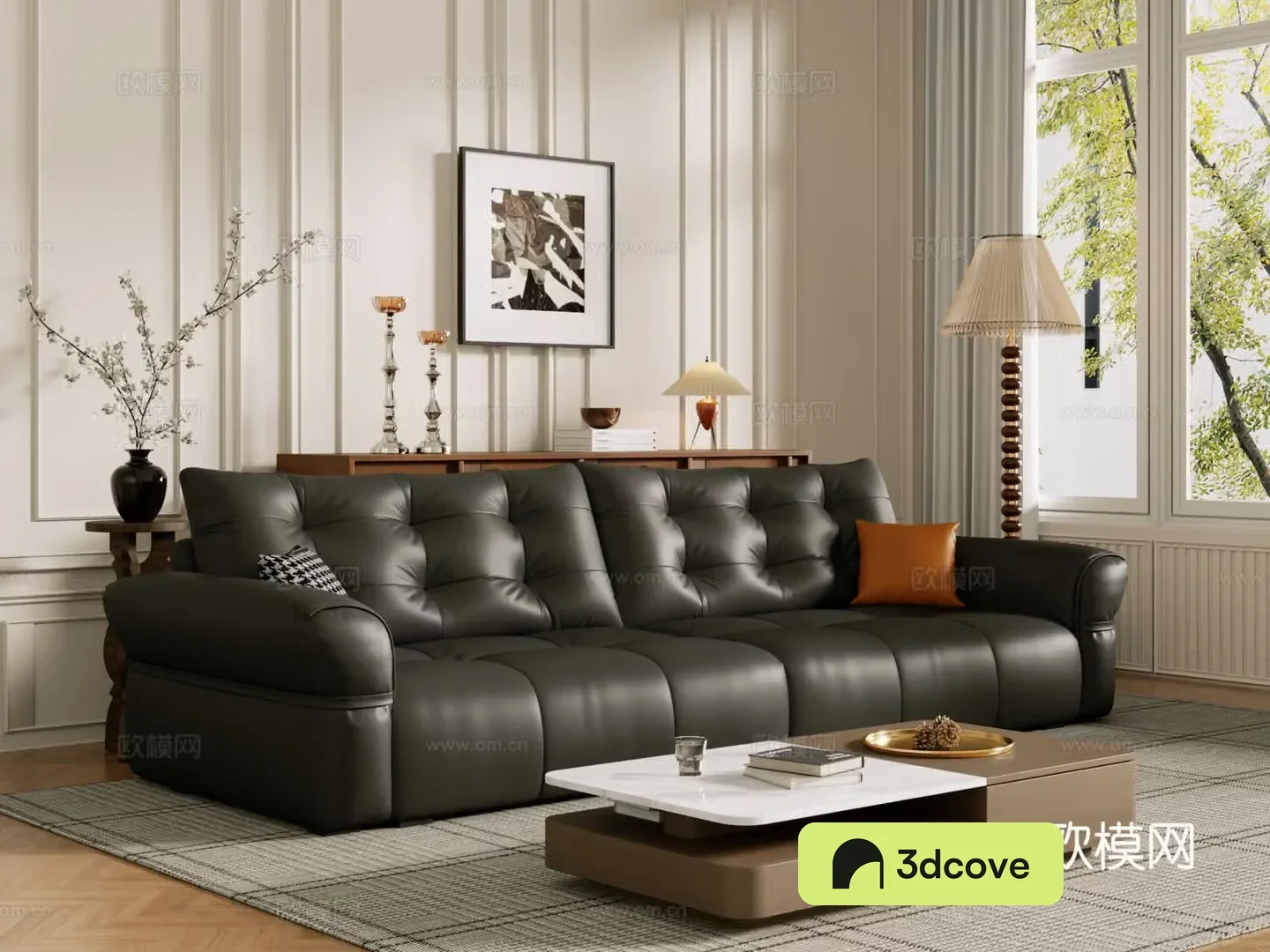 Middle-aged sofa combination coffee table carpet multi-person sofa 3D model