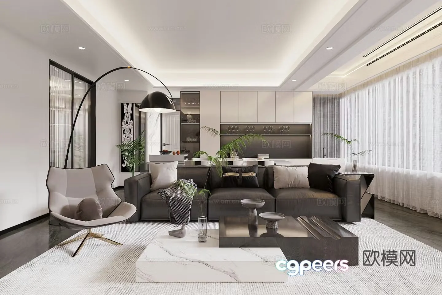 Modern home living and dining room sofa and coffee table combination leather sofa living and dining room without lights dining table and chairs 3D model