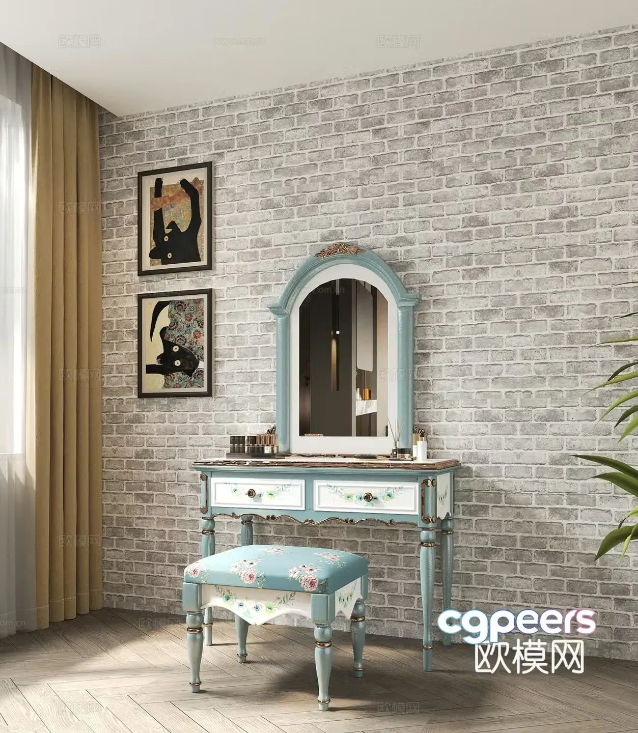 American retro style dressing table and makeup stool 3D model