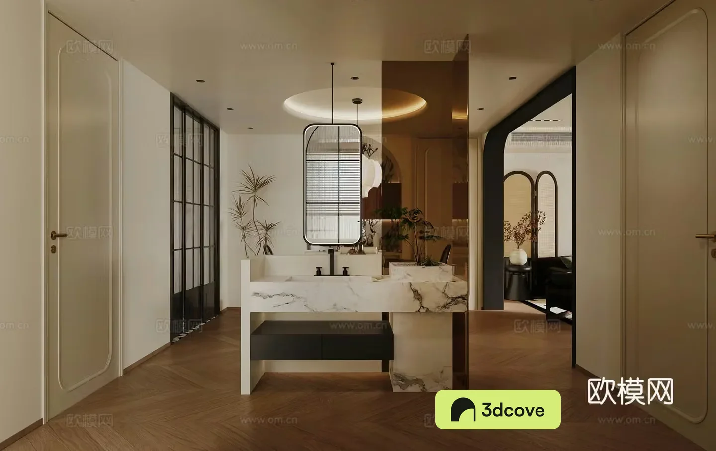 Modern washbasin bathroom dry area under-the-top tray entrance hall aisle partition wall French