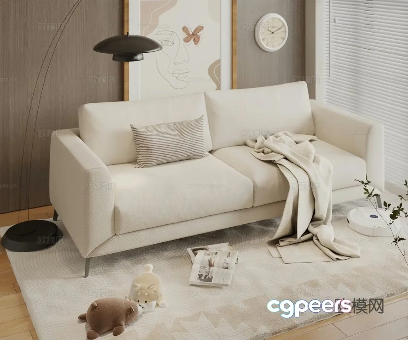 Modern retro double sofa leather sofa casual sofa pillow sweeping robot 3d model