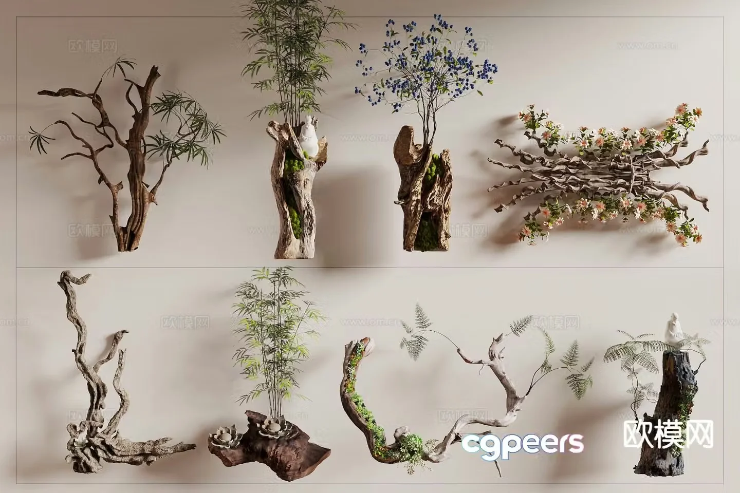 Dead wood and green plants landscape sketch 3d model