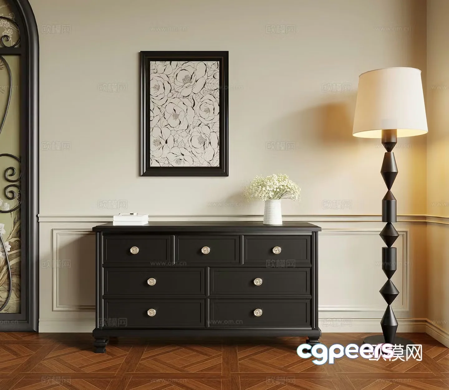 Entrance cabinet French retro style entrance cabinet end view cabinet floor lamp 3D model