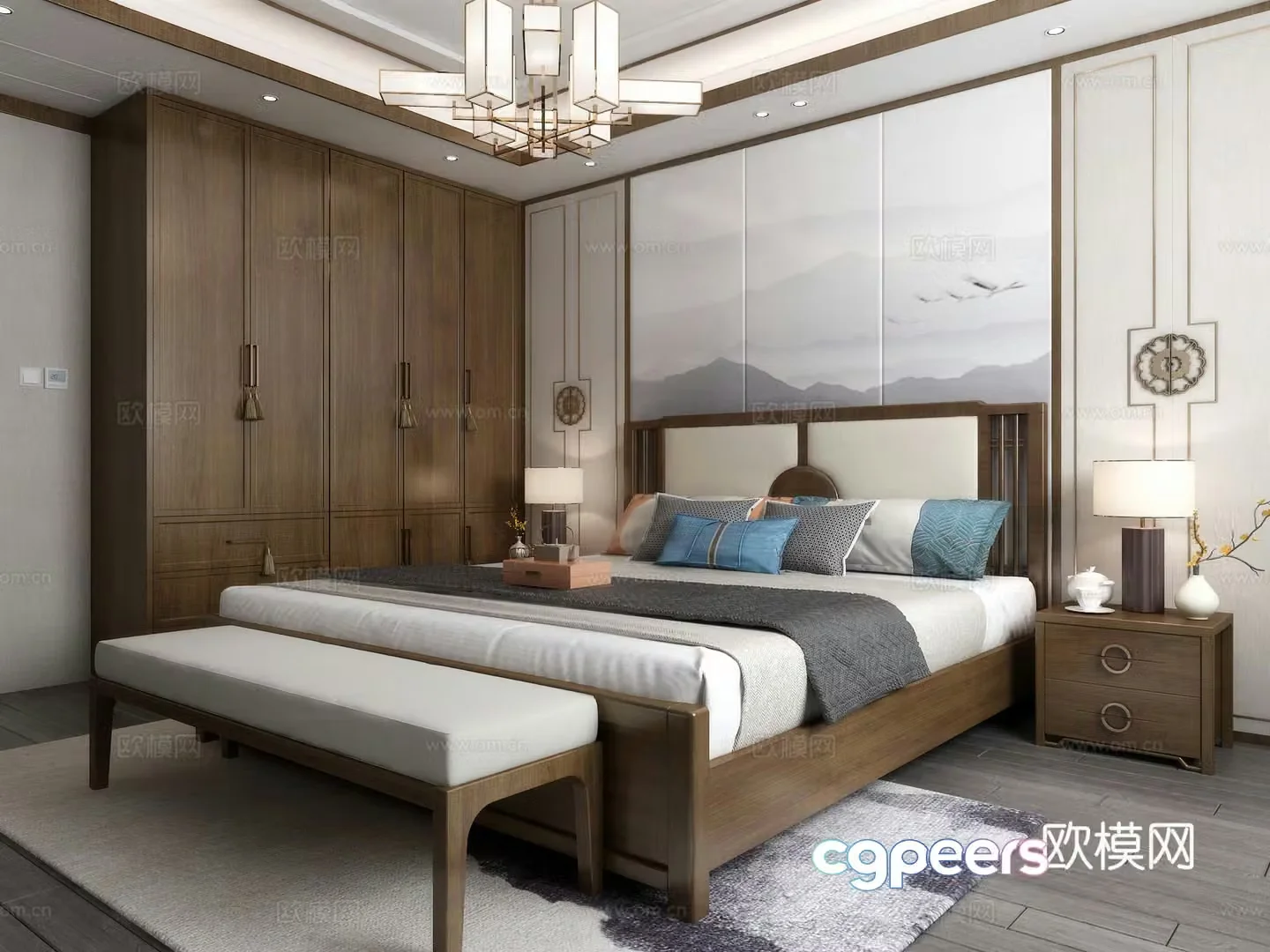 New Chinese style bedroom New Chinese style wardrobe New Chinese style bed New Chinese style bedroom decoration New Chinese style 3D model