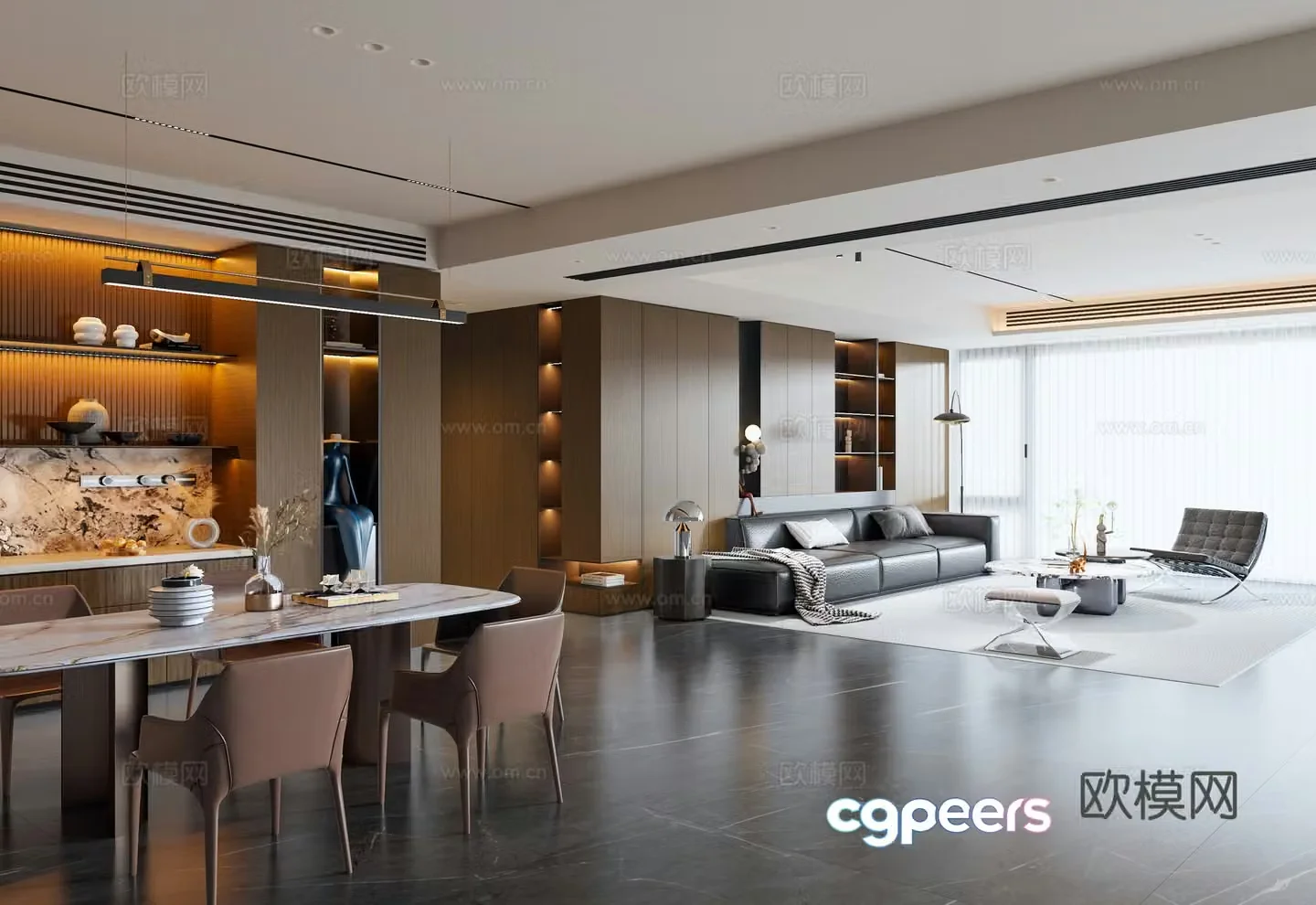 Modern Italian dining room sofa background wall sofa coffee table combination dining table chair sideboard 3D model
