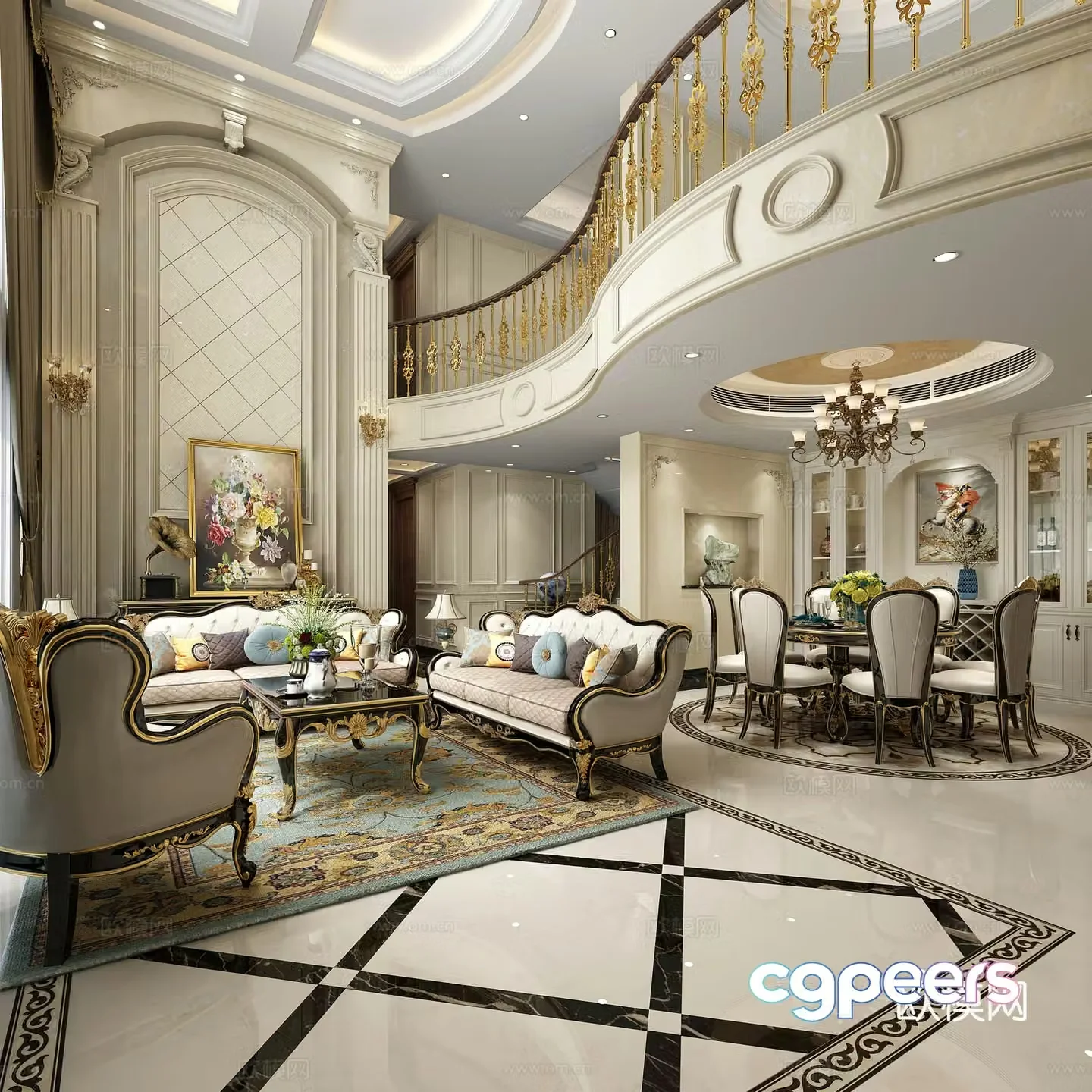 Simple European European style villa living and dining room 3D model