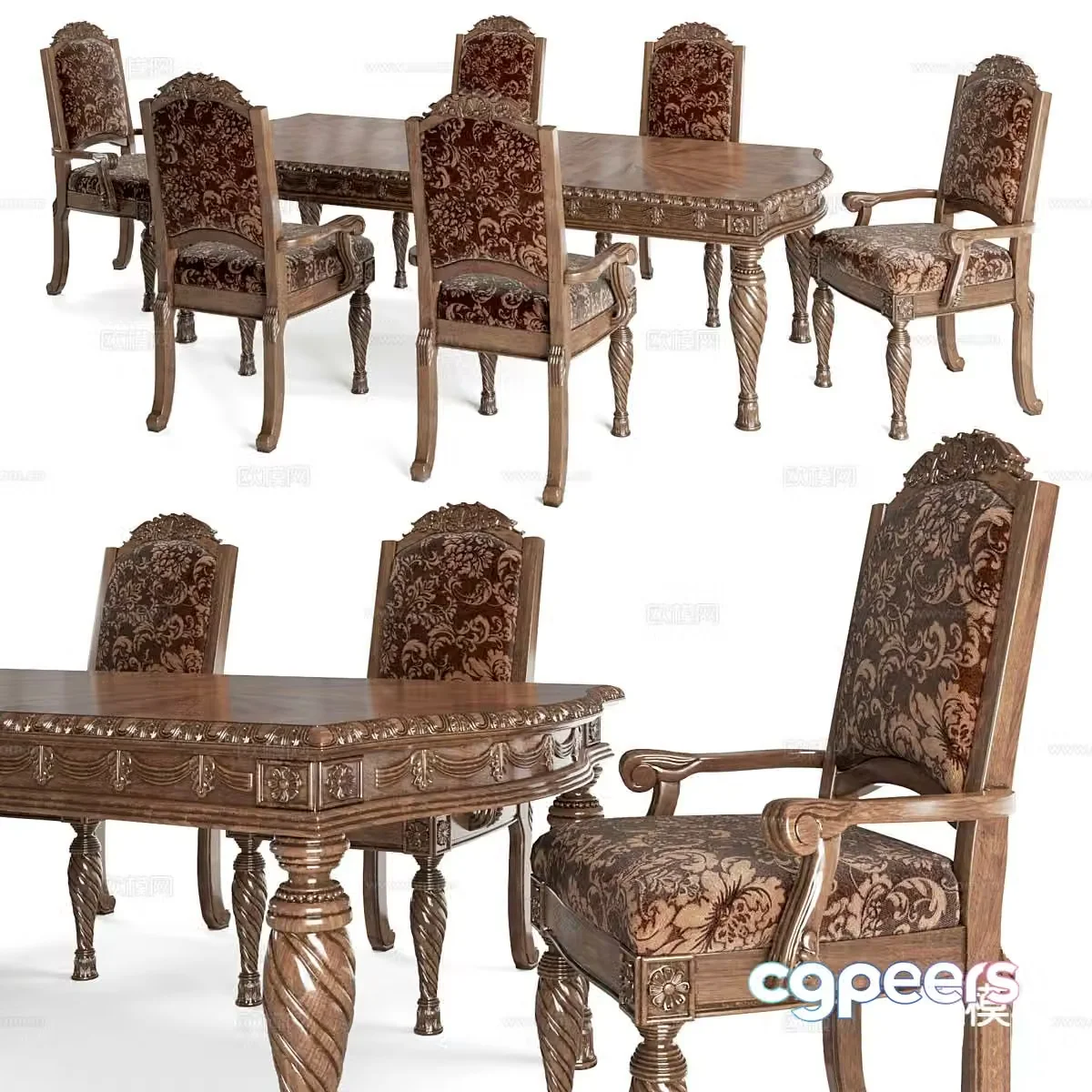 European classical dining table and chairs 3D model