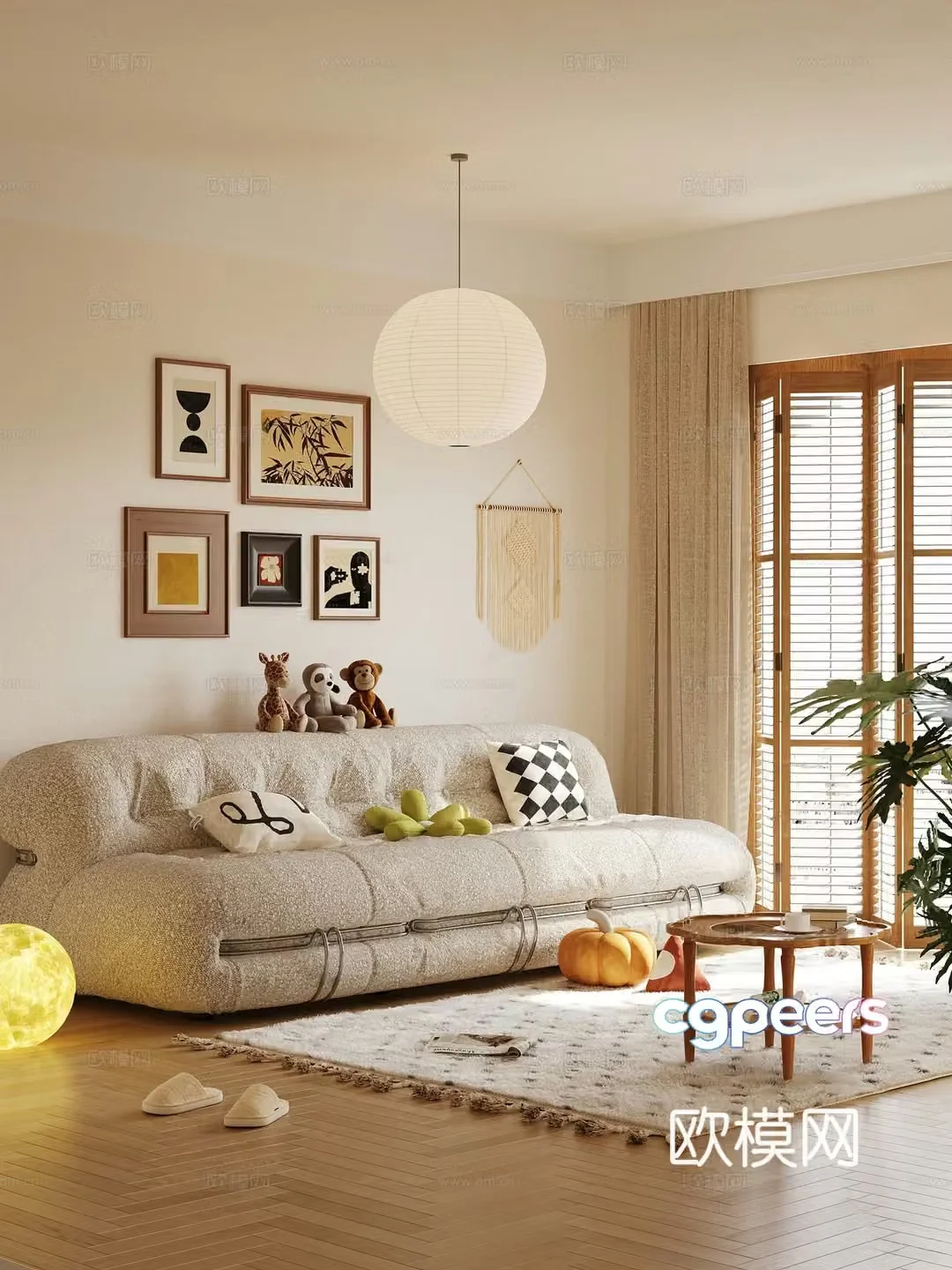 Modern cream three-person sofa casual sofa sofa coffee table combination photo wall 3d model