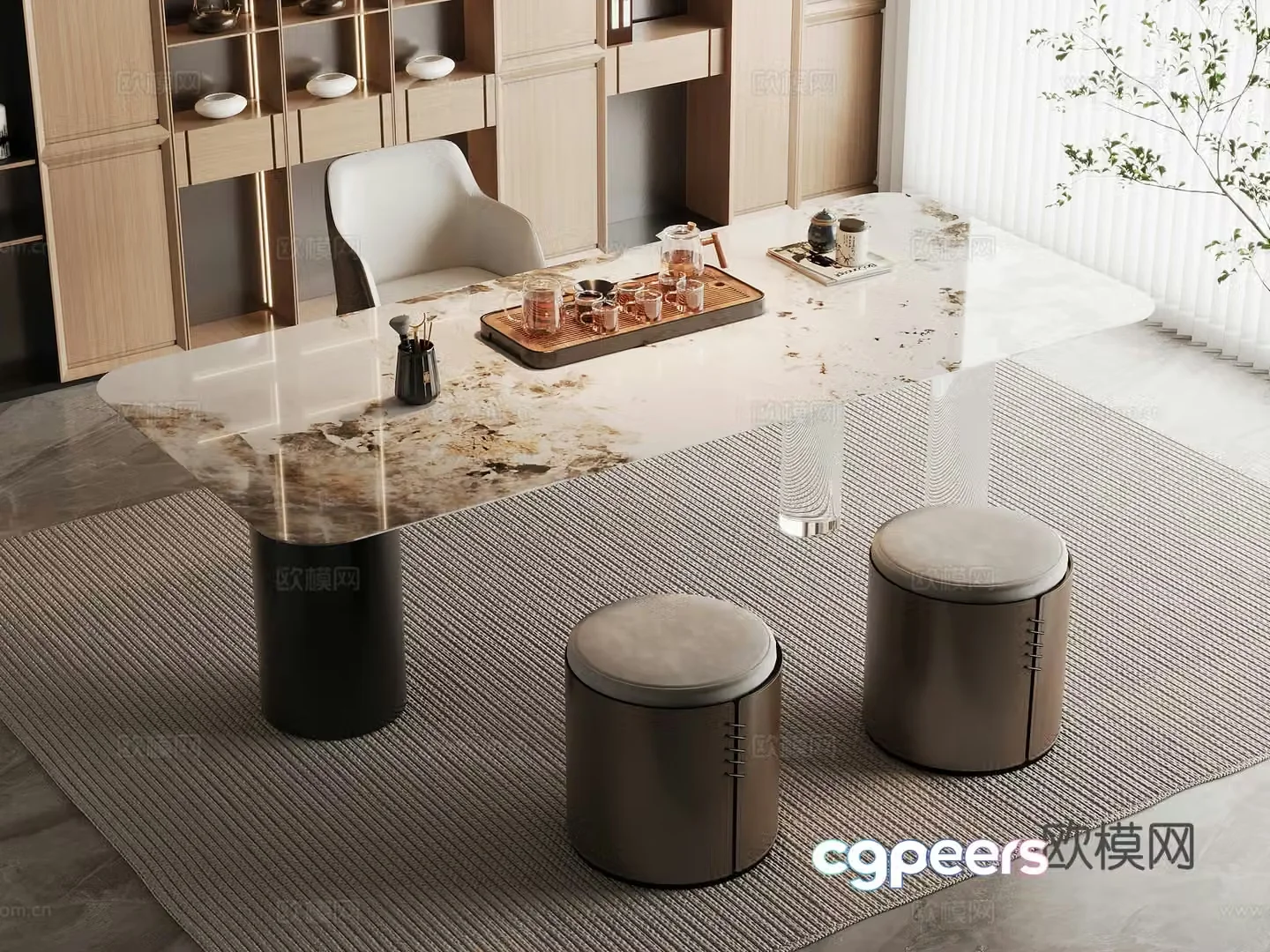 Modern tea table and chairs light luxury marble tea table and chair combination rock-pan tea table and tea table water boiling table 3D model