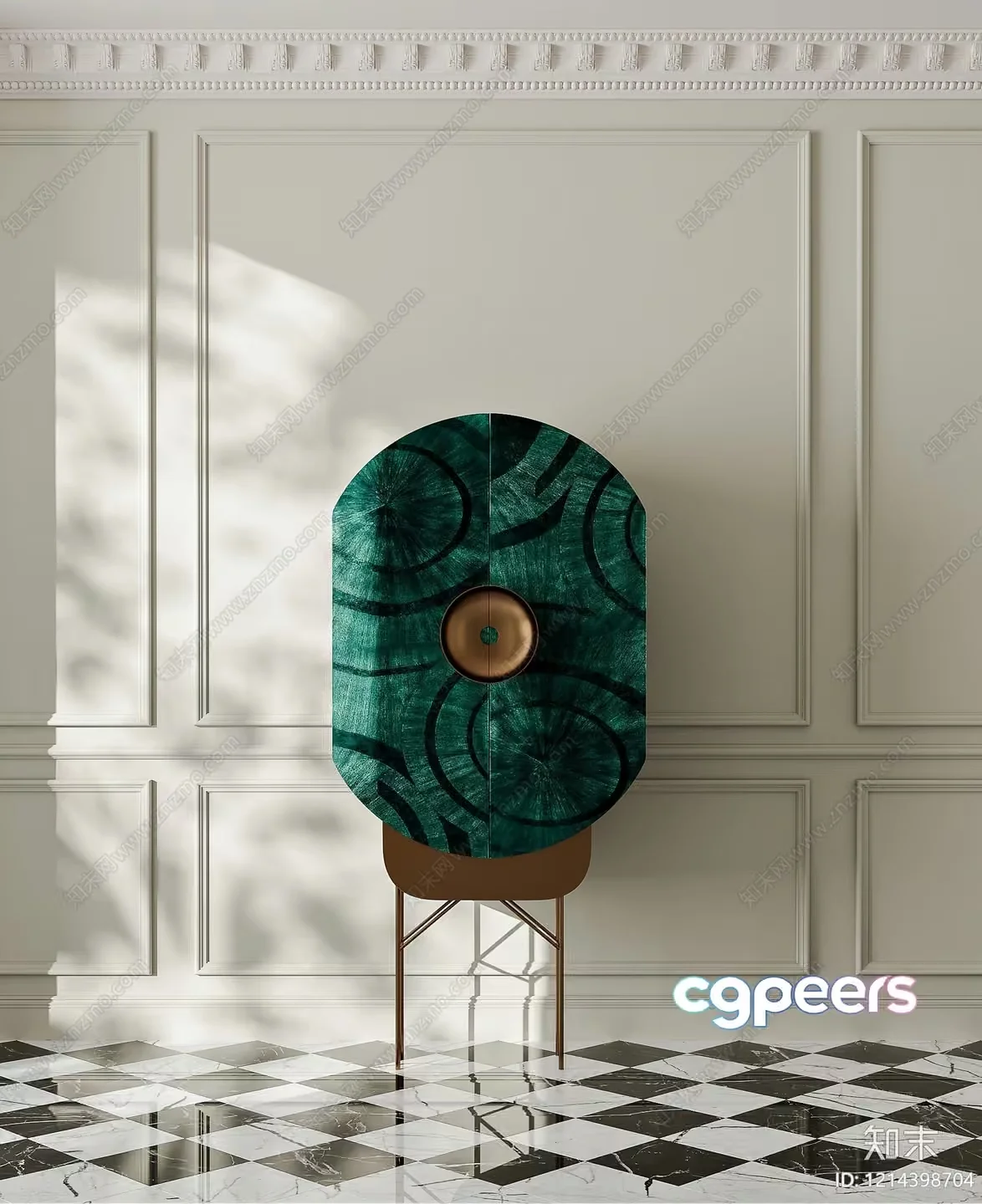 A Green Cabinet With A Gold Circle 3D Model – 16644 – VRAY Render