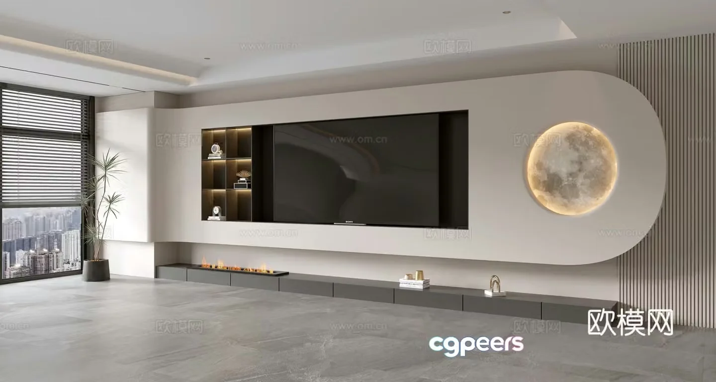 Modern creamy living room light luxury TV background wall creamy TV background wall full wall TV cabinet 3D model