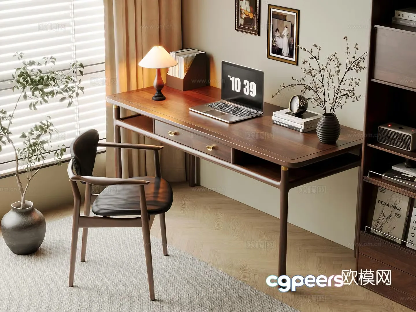 Middle-aged style desk and chair solid wood computer desk and chair writing desk study desk and chair solid wood single chair bookcase 3D model