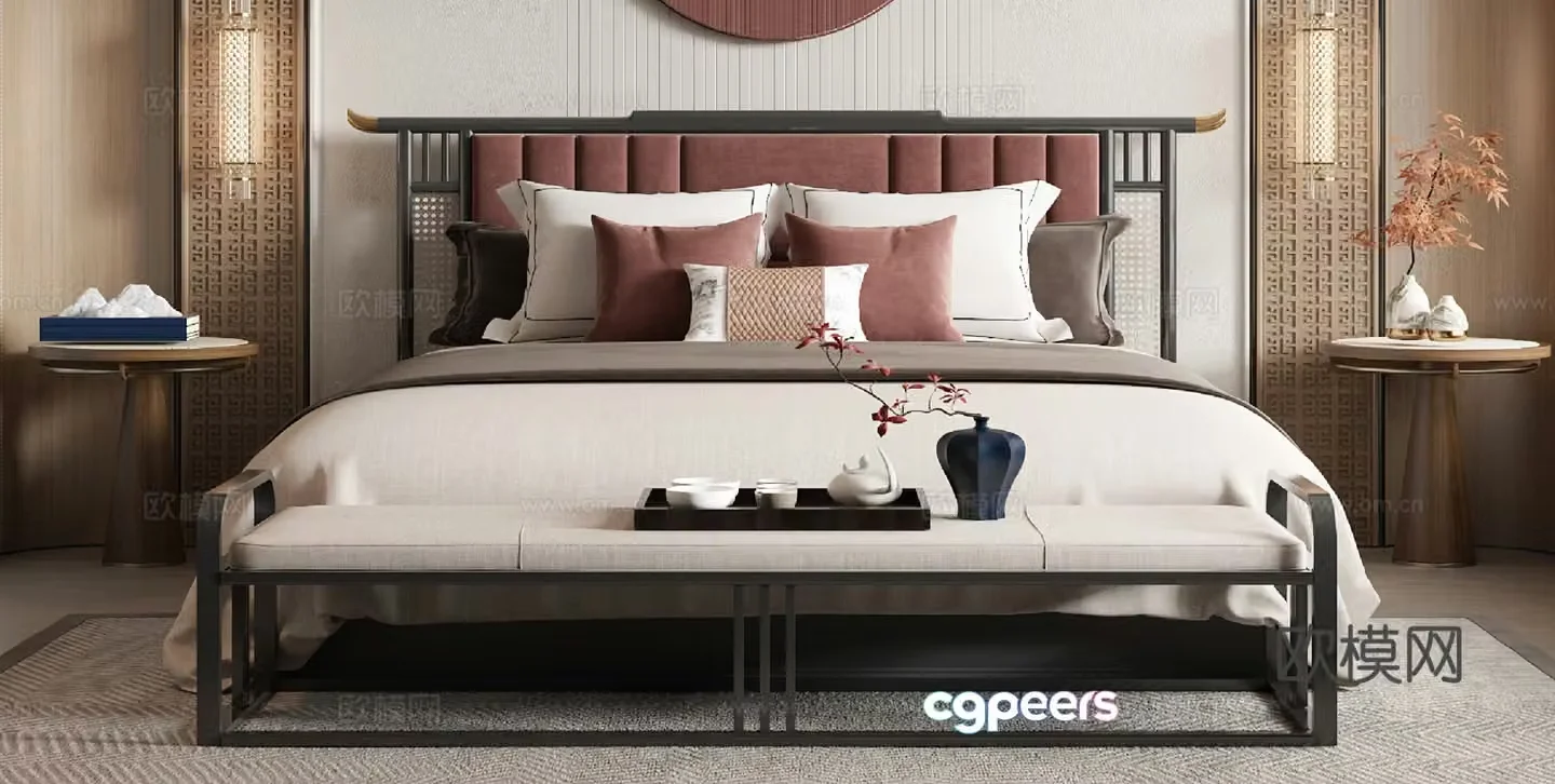 New Chinese style double bed 3D model