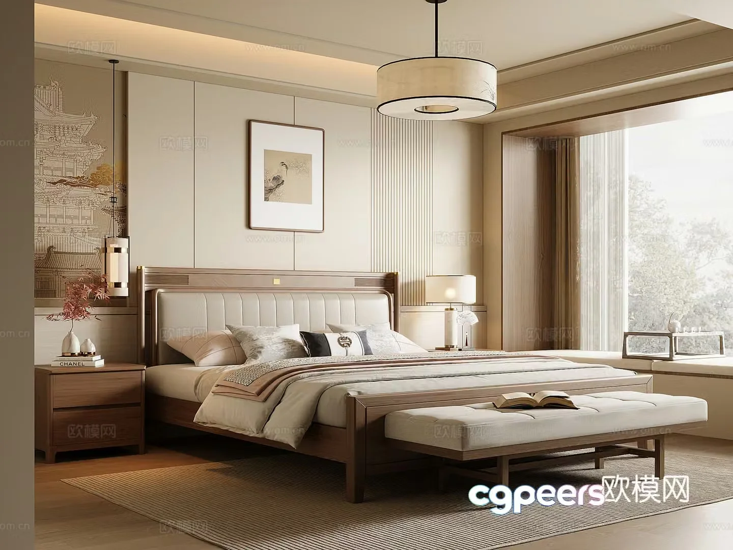 New Chinese style bedroom Song style solid wood double bed bed nightstand bed end stool Chinese style chandelier 3D model