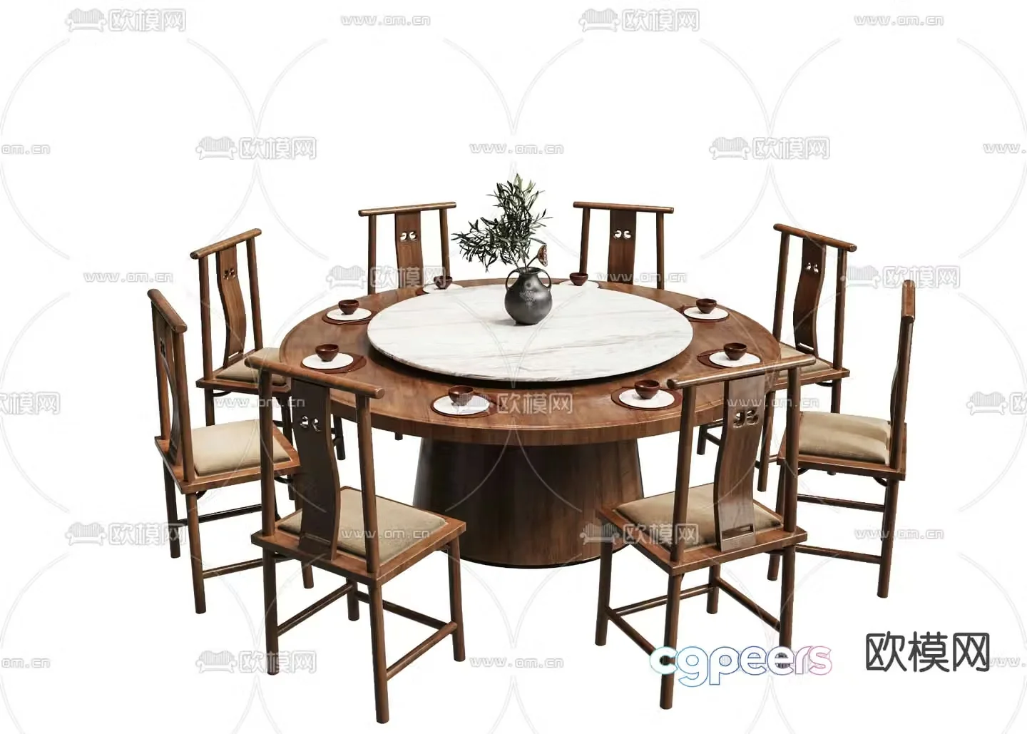 New Chinese style dining table and chairs round dining table 3d model