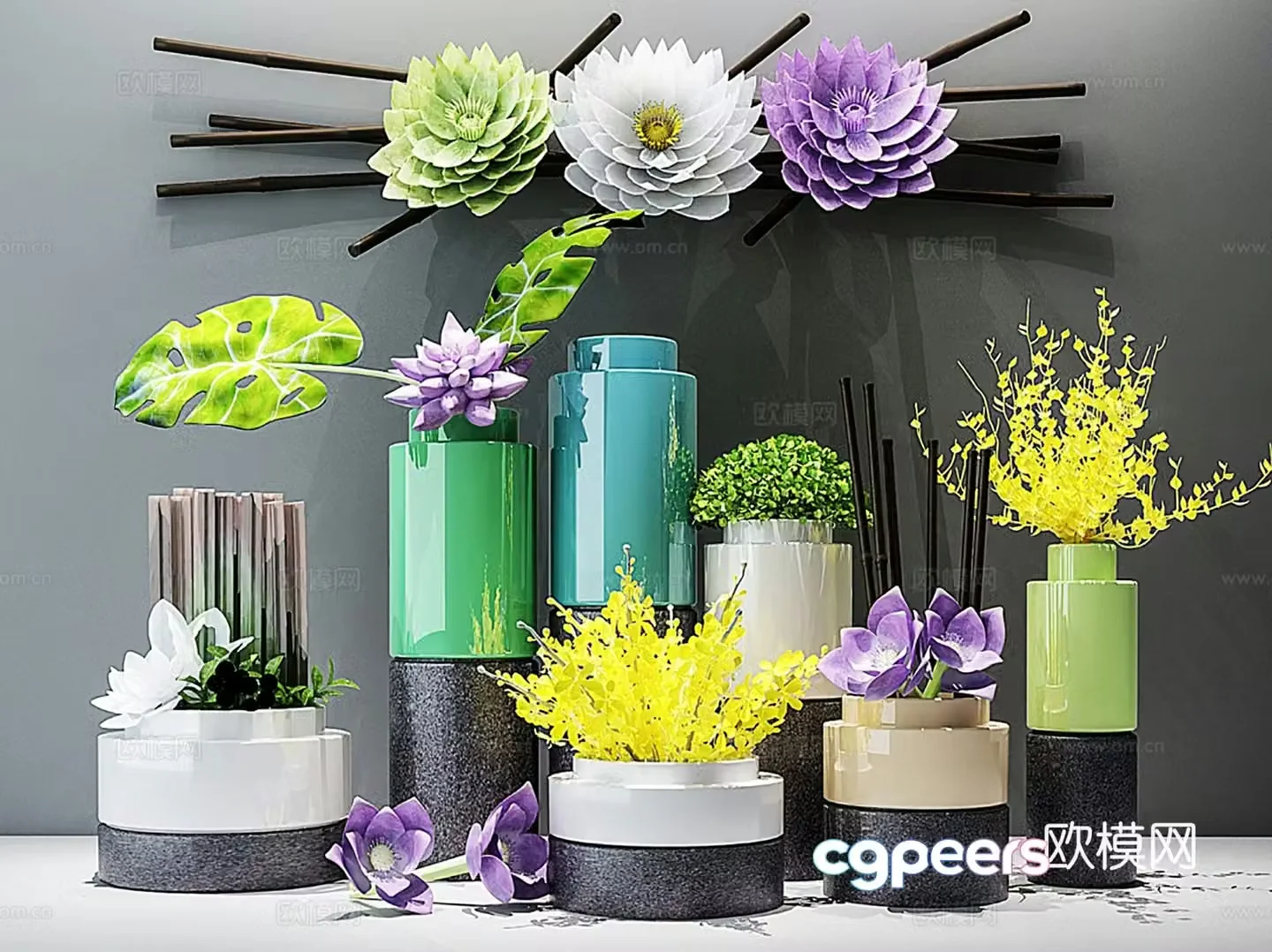 Modern ornaments ornaments ornaments combination vase flowers ceramic ware 3d model
