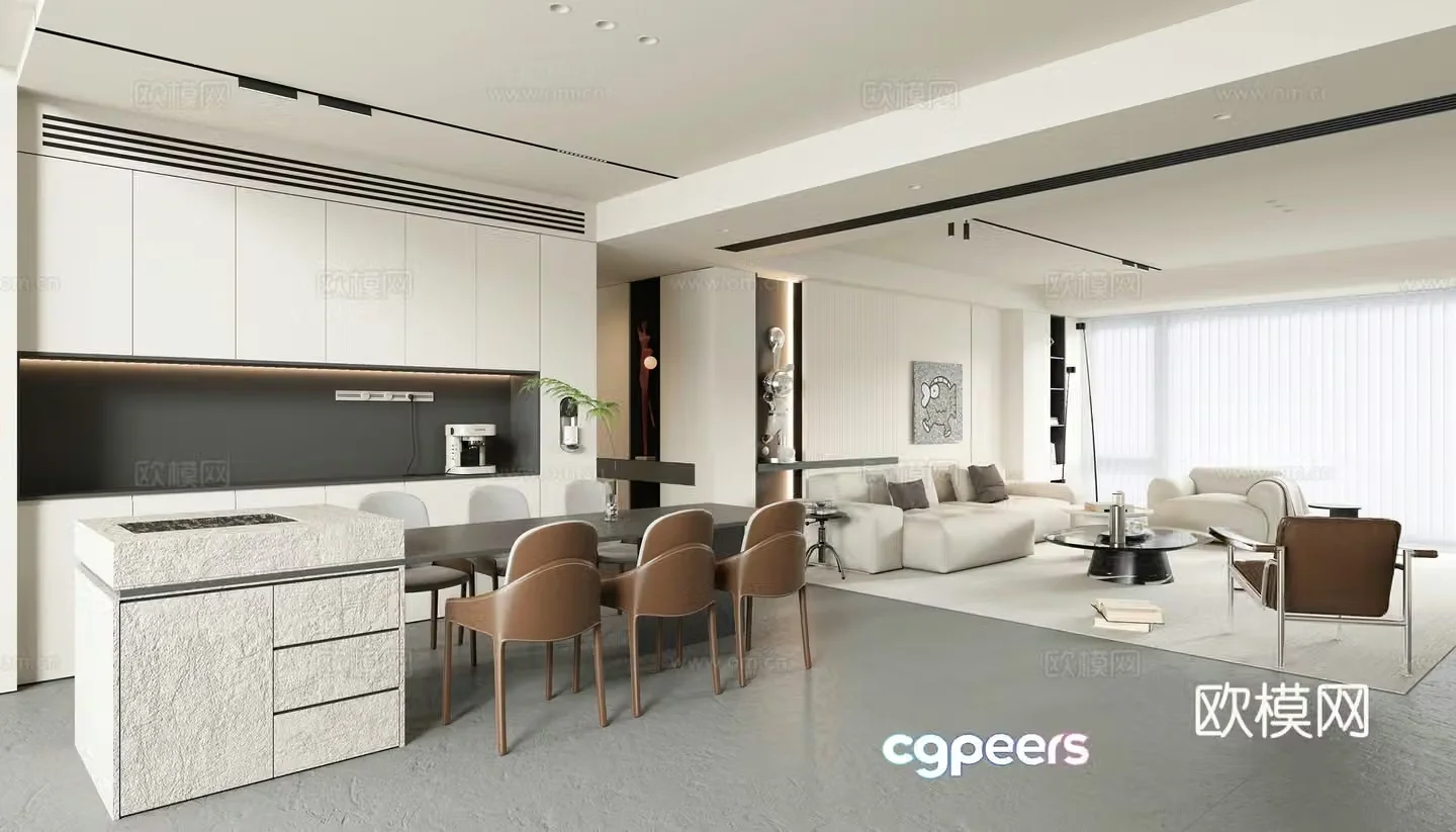 Modern living and dining room 3d model