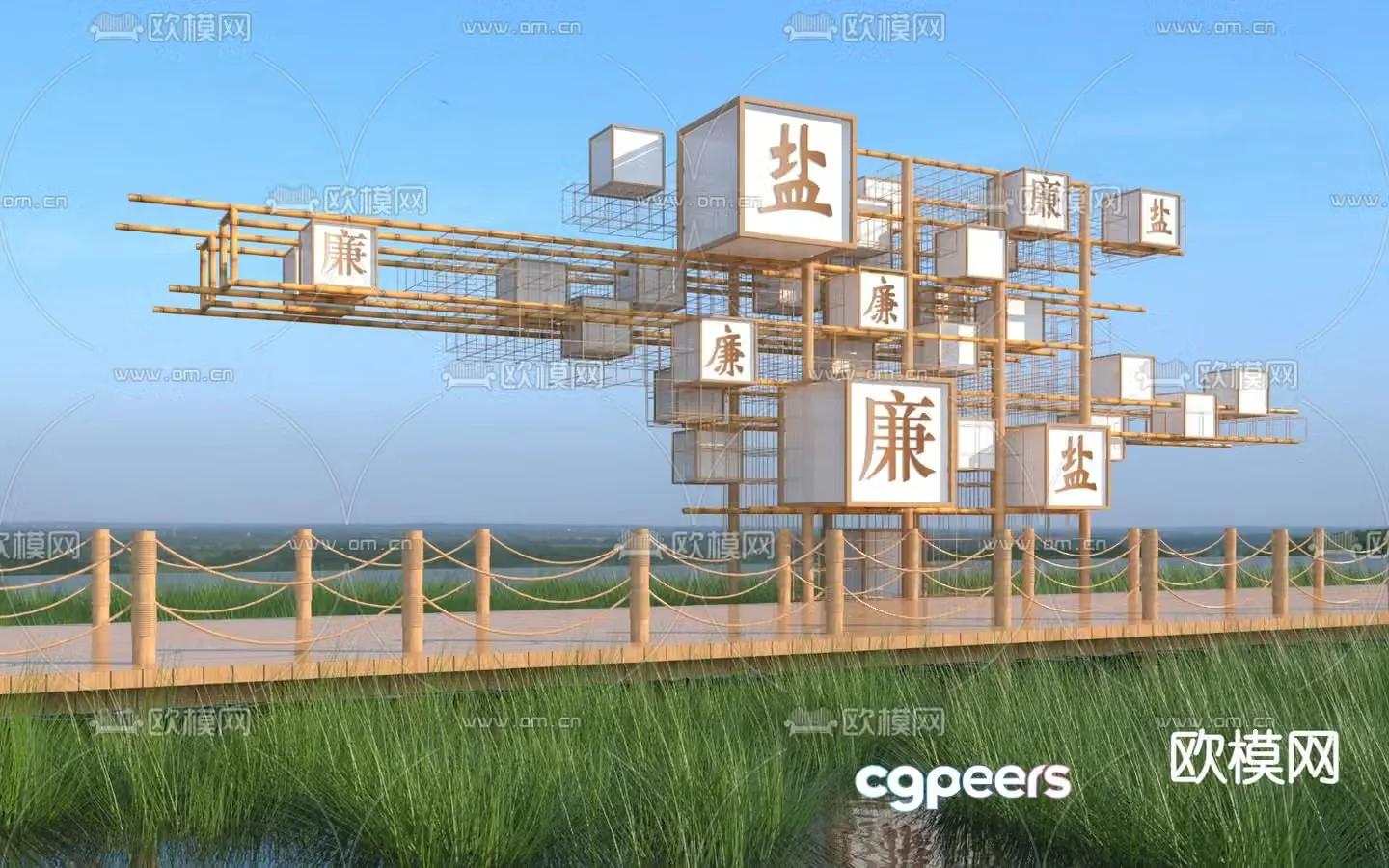 New Chinese style landscape sketch art construction 3D model