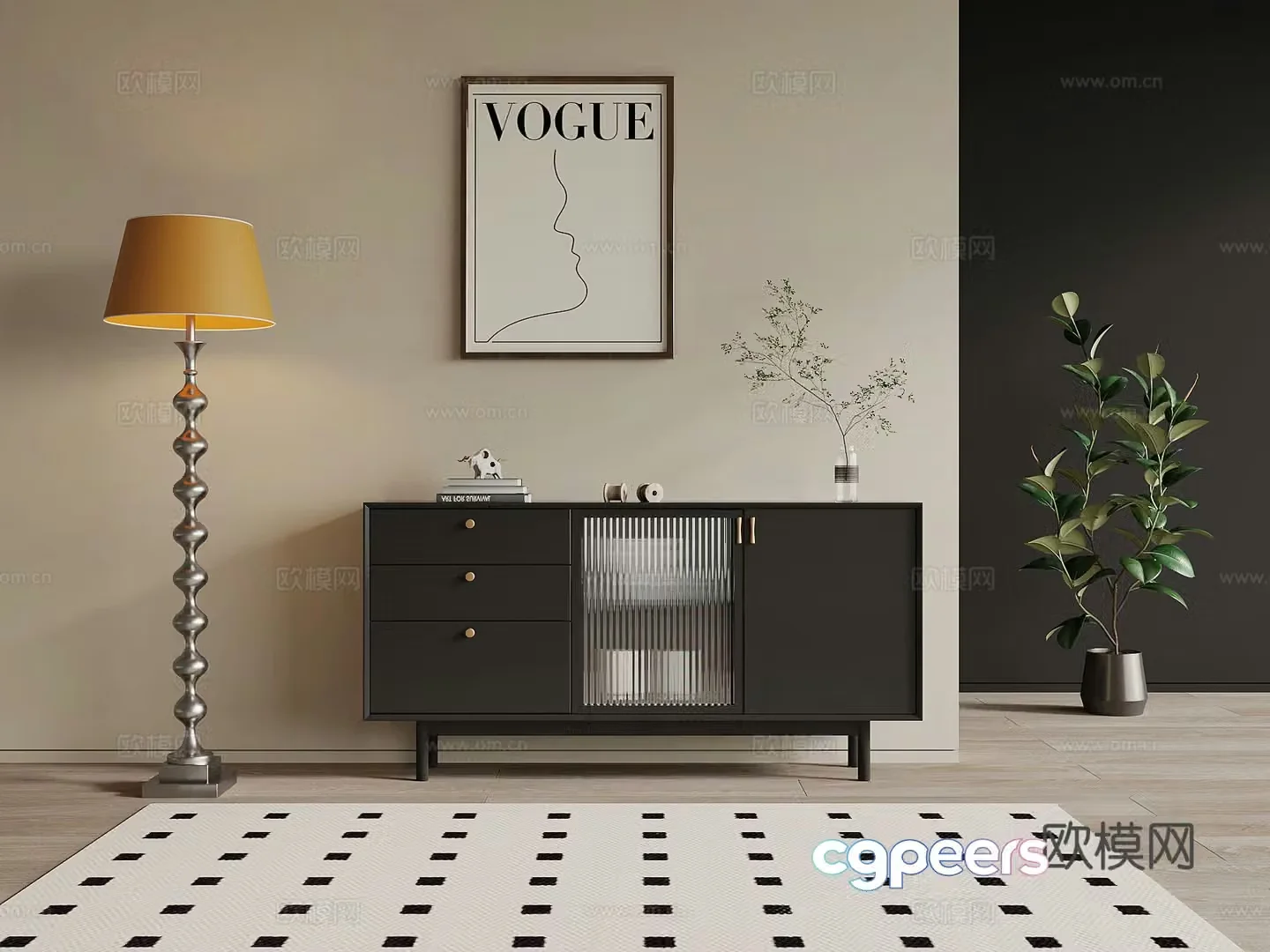 French retro style side cabinet end view cabinet floor lamp 3d model