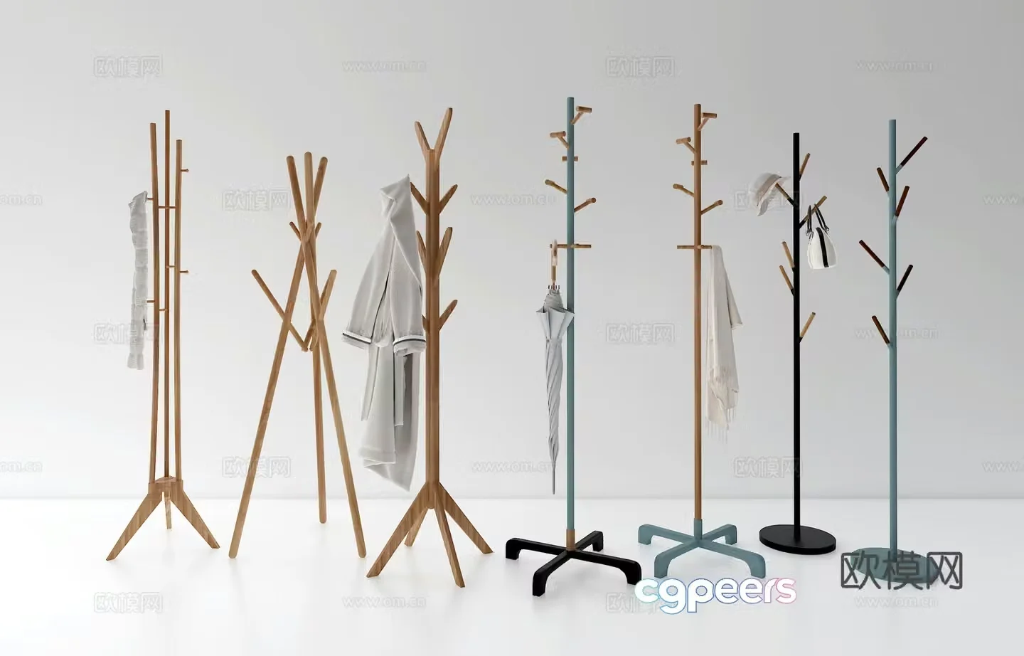 Nordic wooden coat rack floor hanging clothes rack storage rack combination 3D model