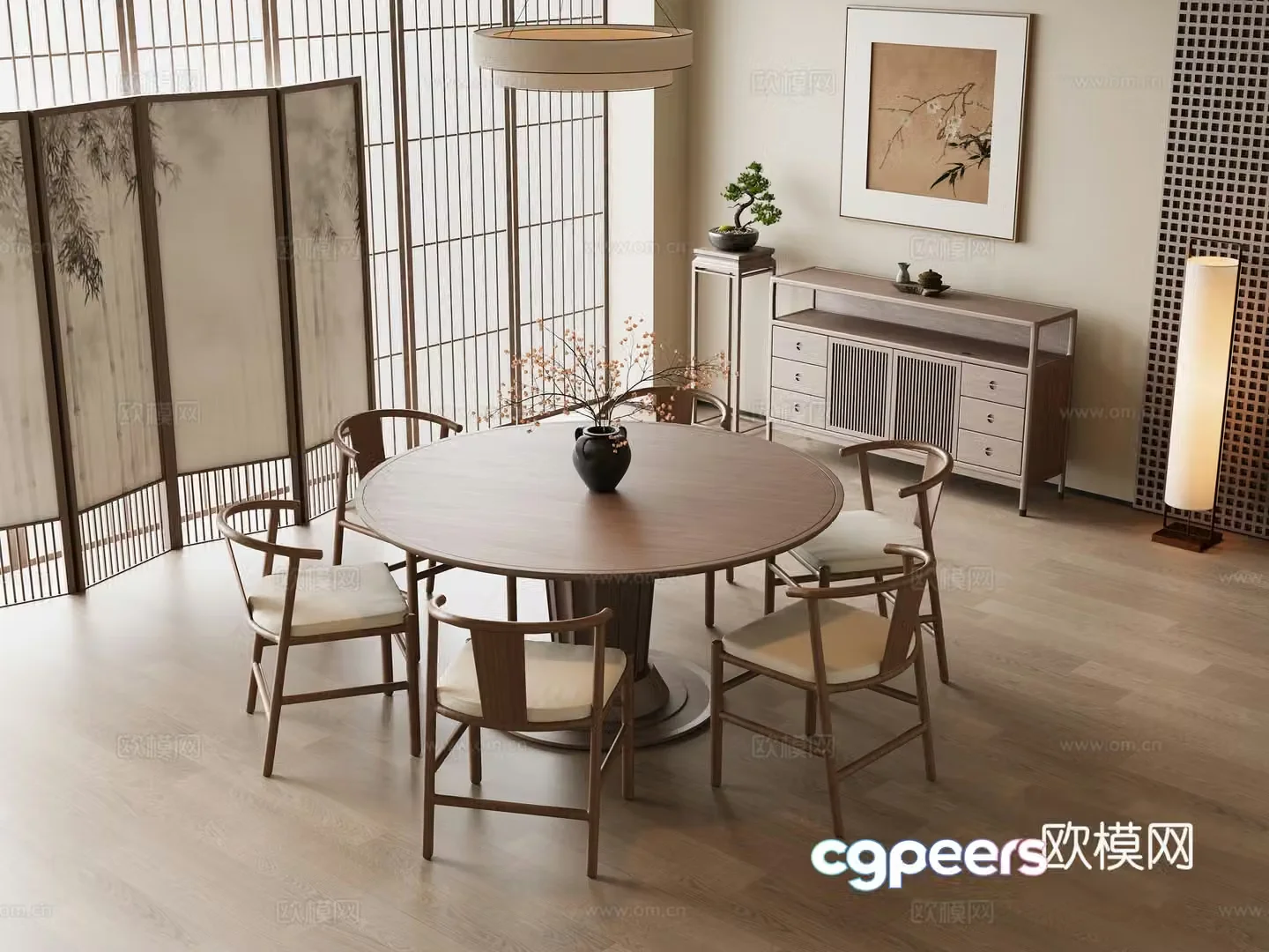 New Chinese restaurant Song-style restaurant Dining table and chairs Sideboard Screen Hanging paintings New Chinese lamp 3D model