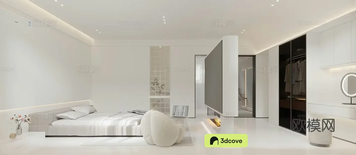 Modern bedroom cloakroom leisure table and chairs tatami bed film and television wall entrance end view