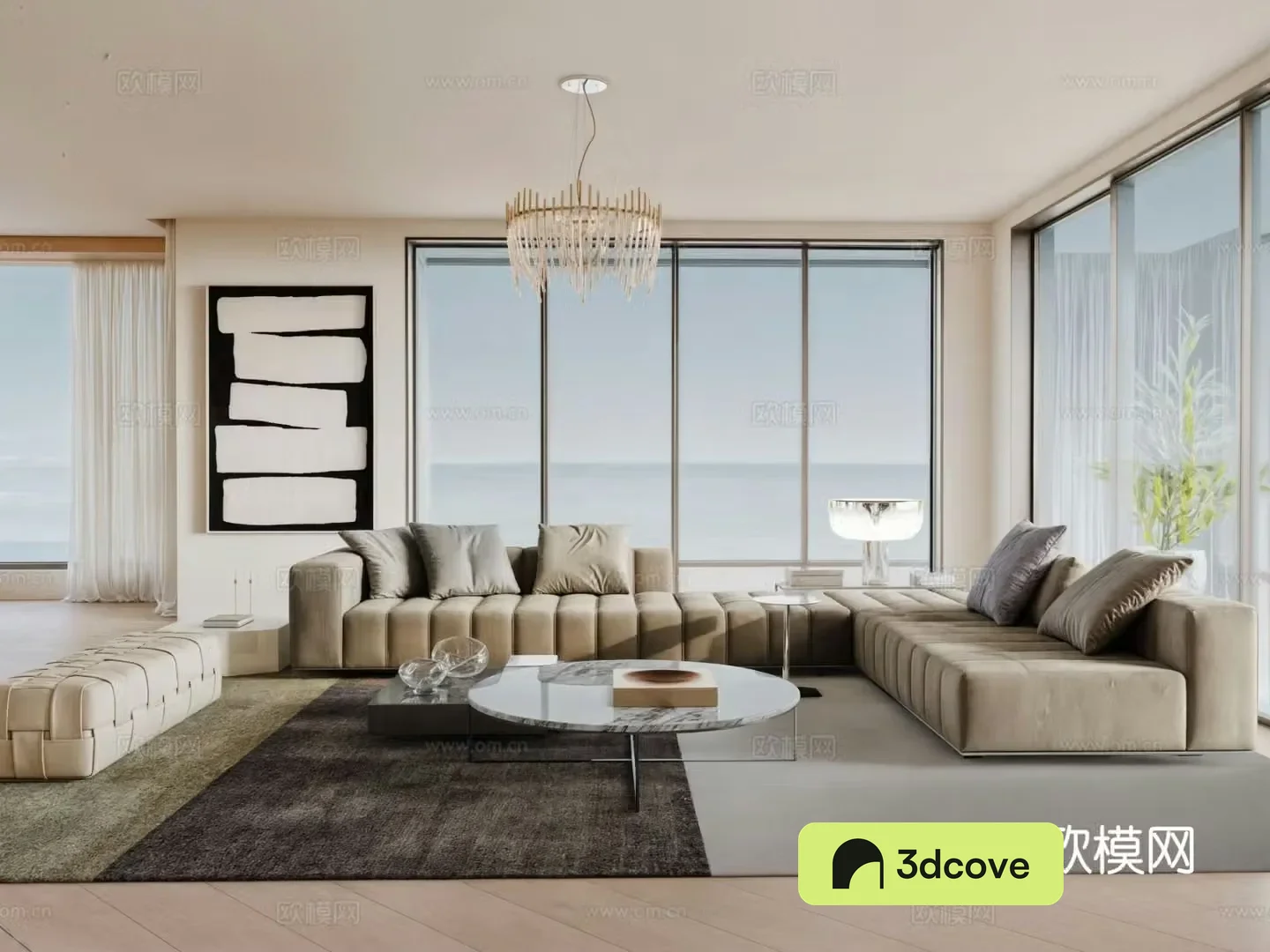 Modern living room sea view living room sofa combination sideboard chandelier