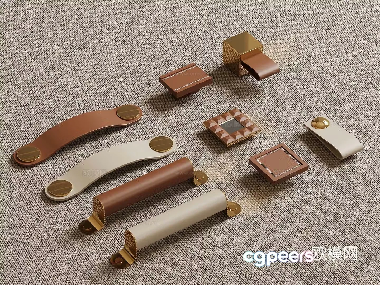 Modern French leather handle button handle cabinet door handle 3d model