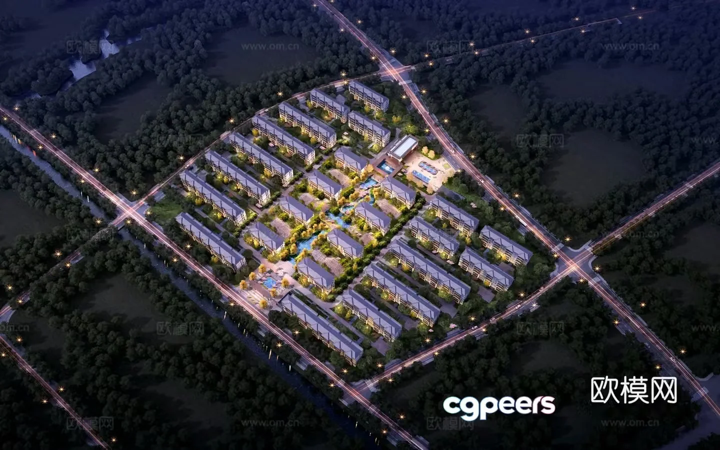 Residential bird’s eye view of night view 3D model