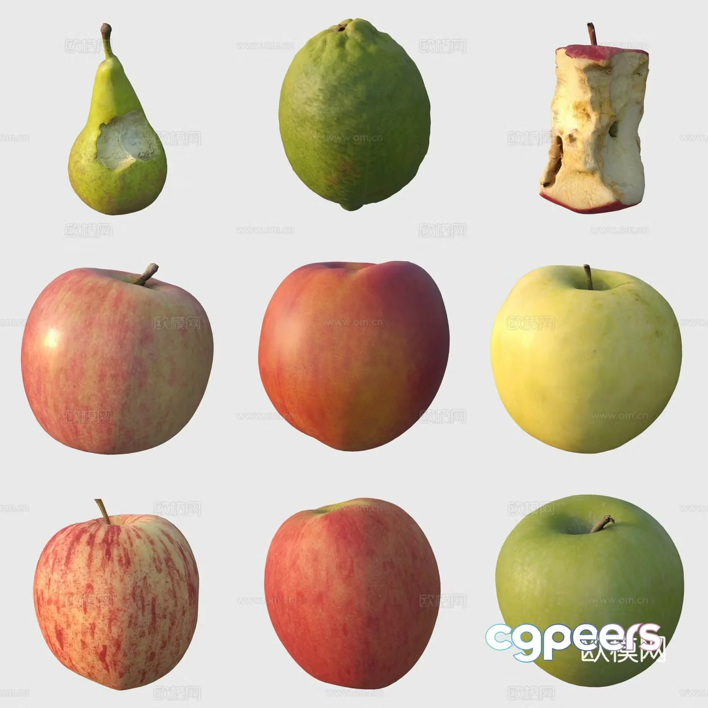 Fruit bitten apple pear green apple lemon 3d model