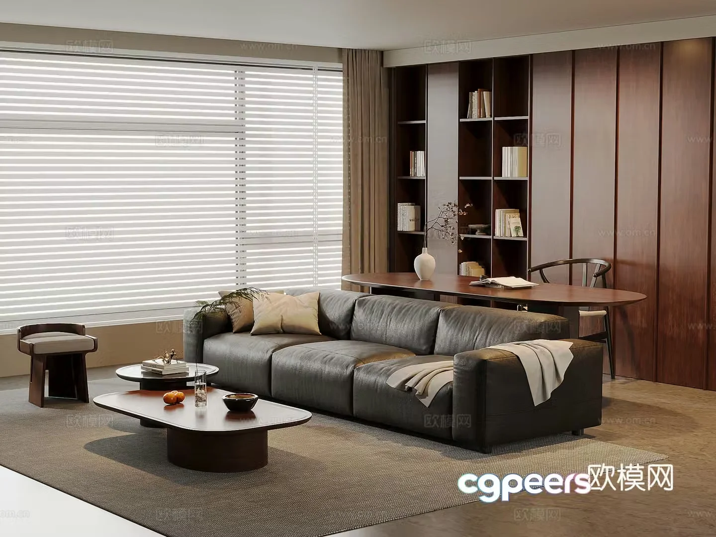 American medieval living room leather sofa and coffee table combination solid wood desk and chair solid wood bookcase 3D model