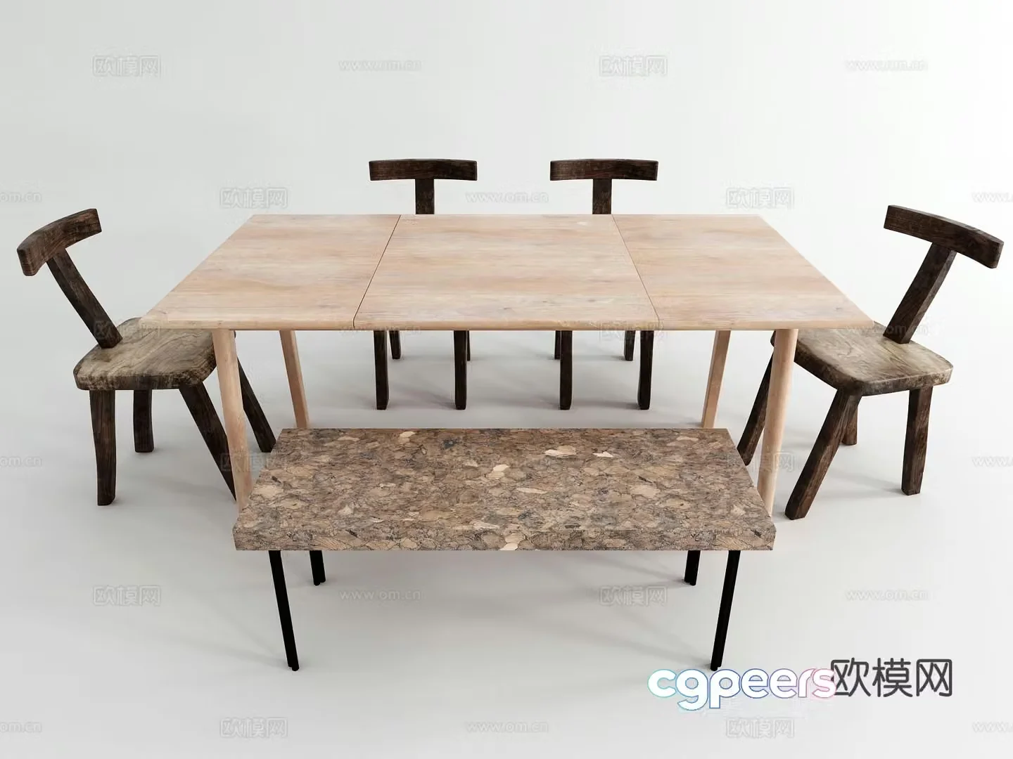 Wabi-sabi dining table and chairs 3d model