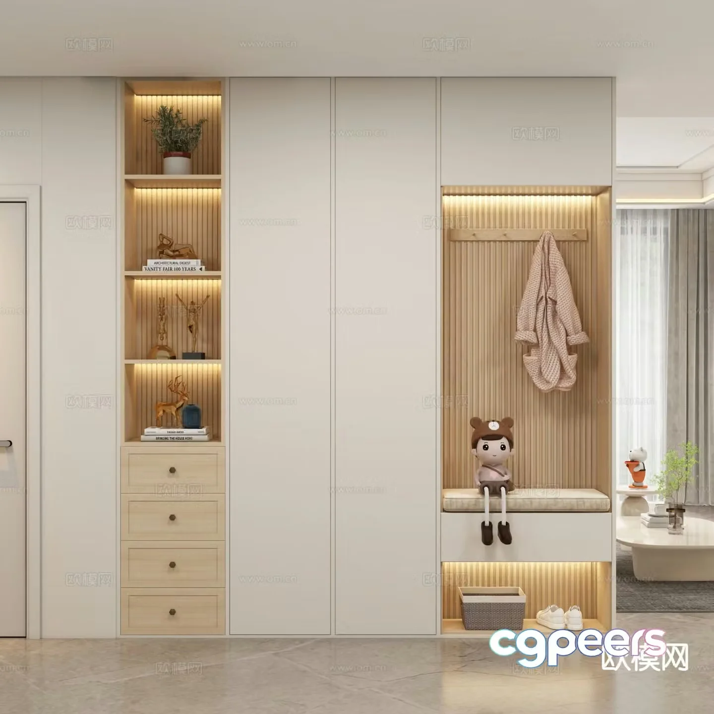 Cream style entrance shoe cabinet partition cabinet 3D model