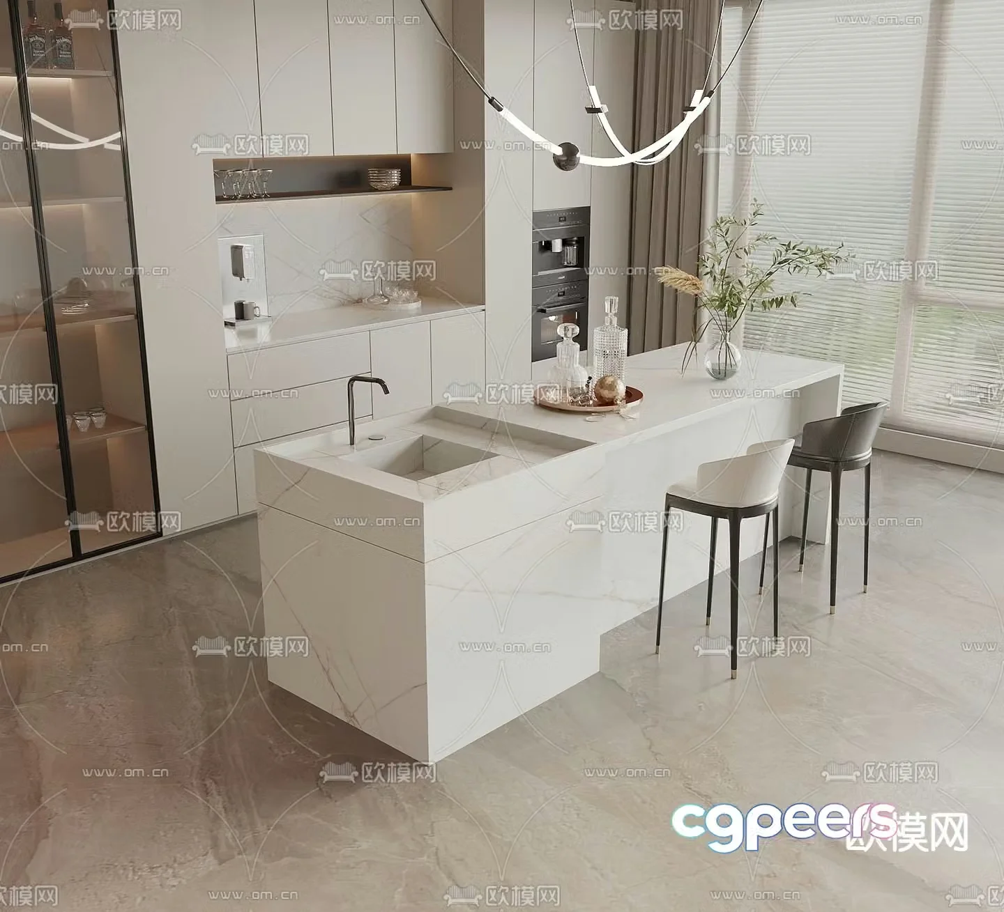 Cream style bar counter island counter wine cabinet 3D model