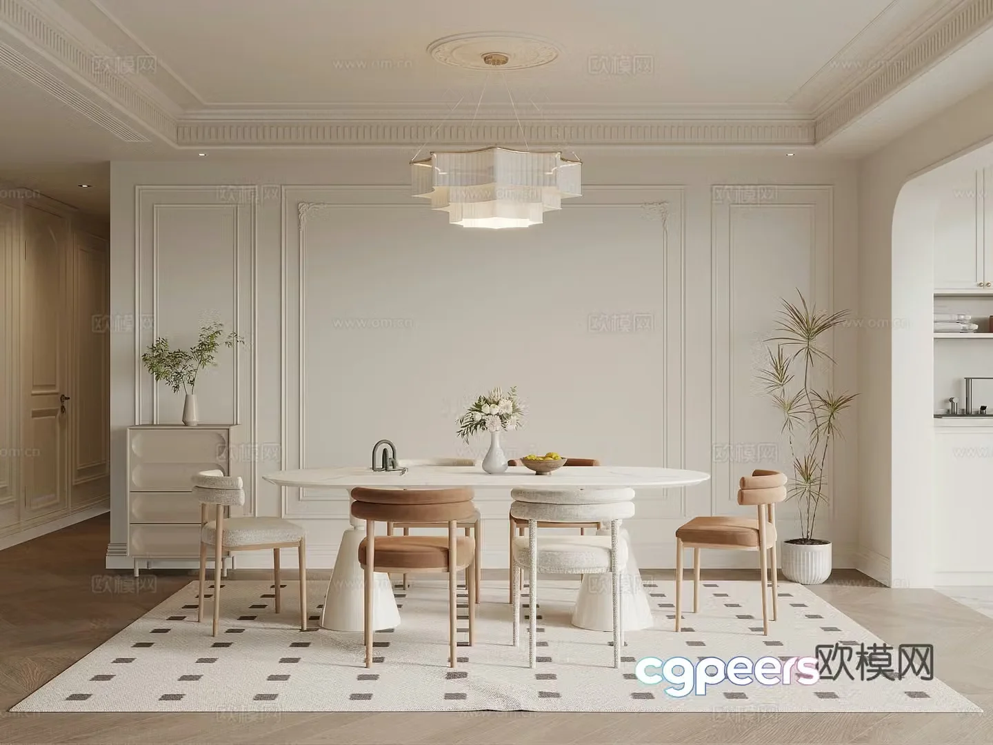 French cream style restaurant dining table and chair combination 3D model