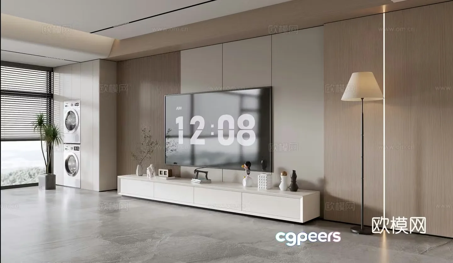 Modern simple living room light luxury TV background wall full wall TV cabinet wooden veneer background wall 3d model