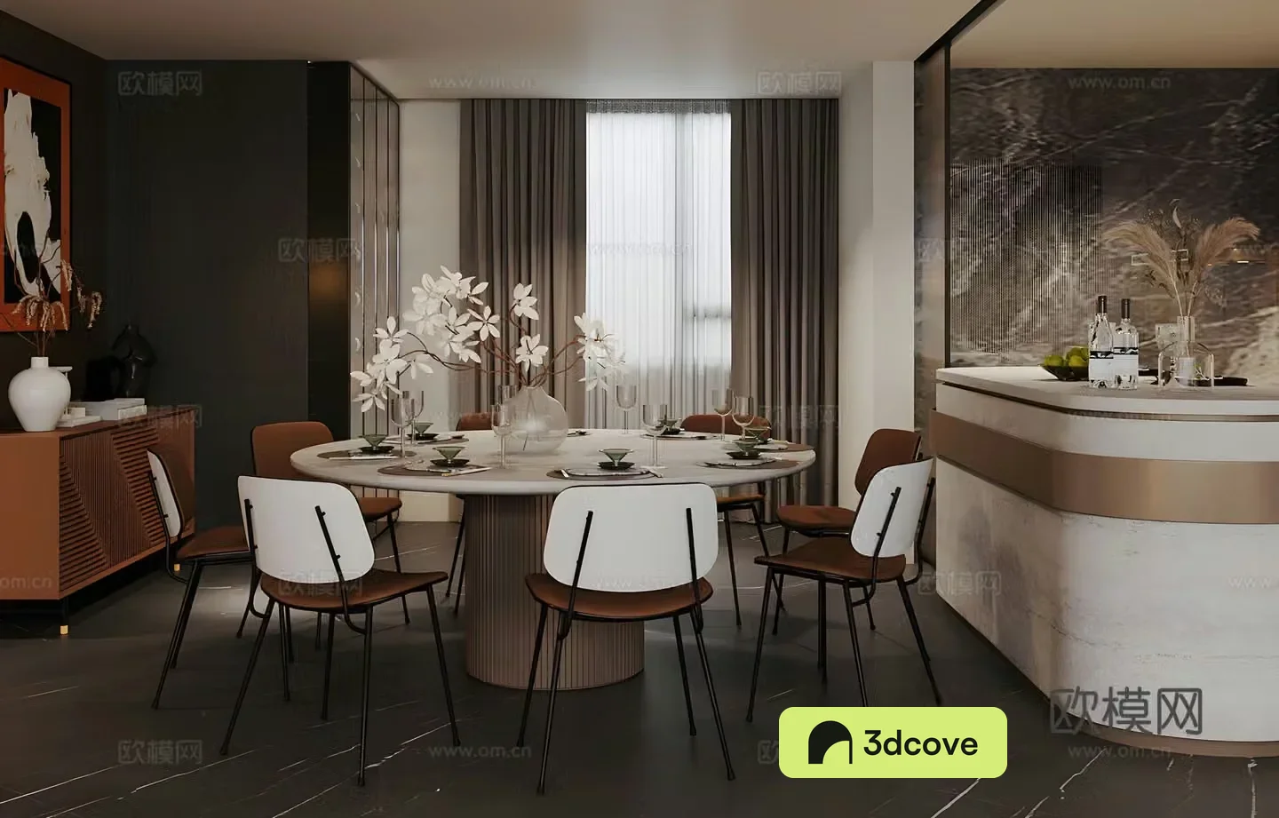 Italian light luxury home restaurant Island restaurant Marble oval dining table Kitchen restaurant Round table