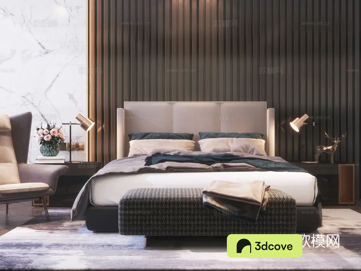Modern bedroom Double bed nightstand vase