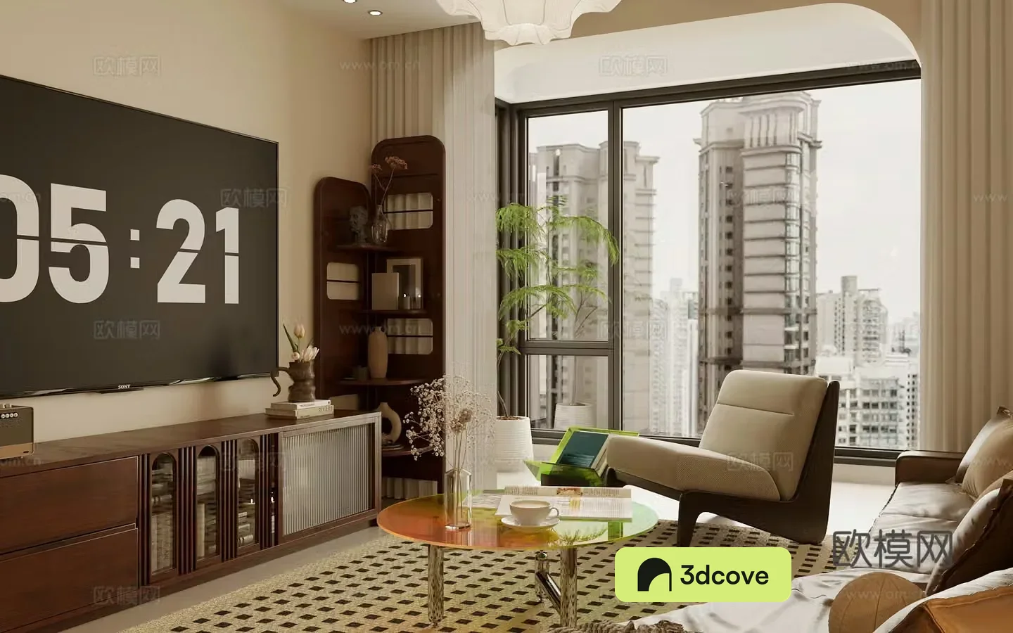 Middle style living room horizontal living room small living room sofa and coffee table combination retro style living room 3D model